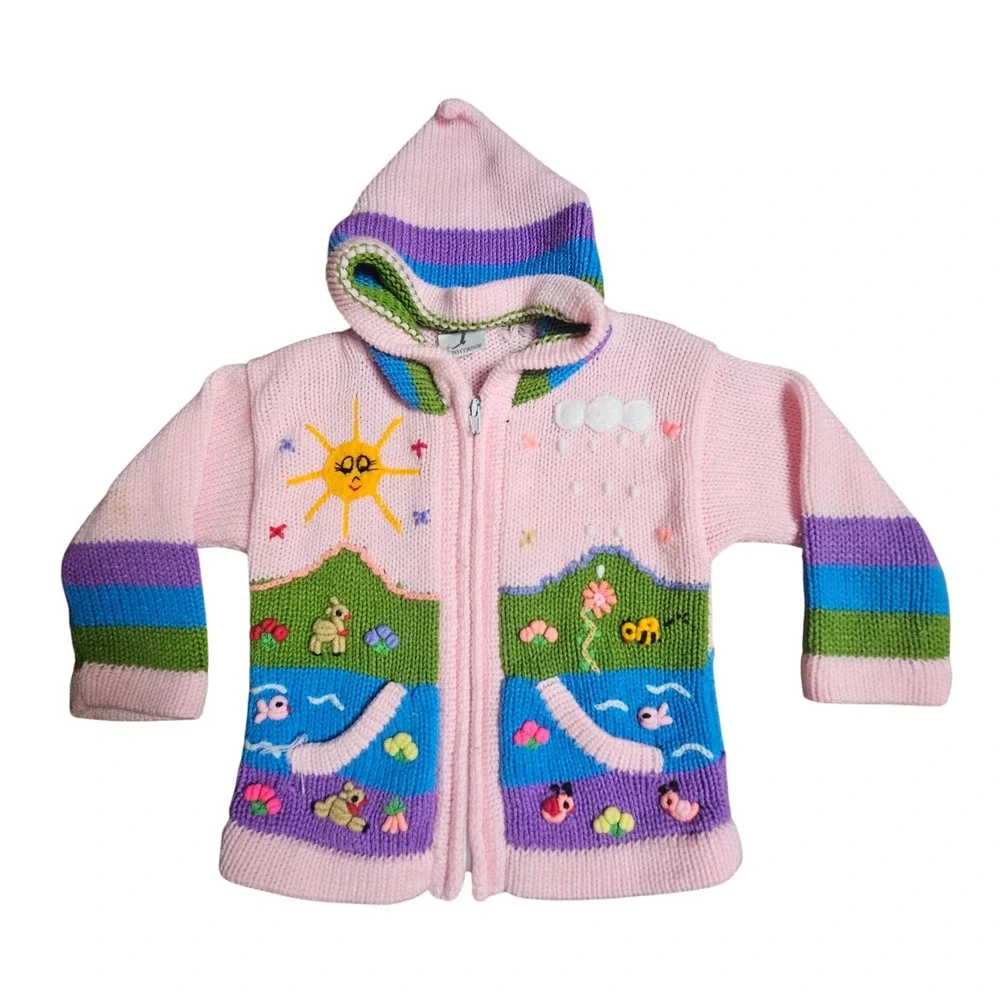 Vintage Grupo Condor Girls Knit Zip Hoodie 6-12M Llama Sun Hand Embroidered Peru